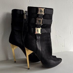 Herve Leger Leather Black Peep-Toe Boots with Gold Heel 36